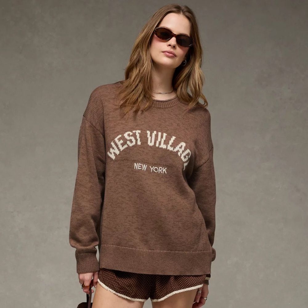 AE Big Hug Brown White West Village New York Graphic Crew Oversized Sweater
